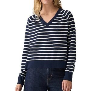 J.Crew Women’s Navy and White Striped V-Neck Long Sleeve Cotton Sweater